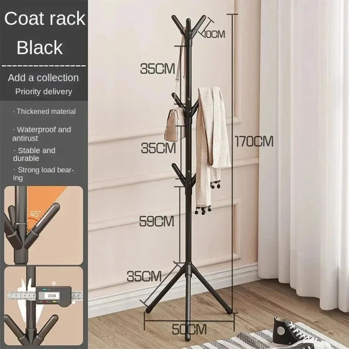 Tree Branch Shape Floor-to-Ceiling Clothes and Hat Rack with Hooks for Bedroom Storage