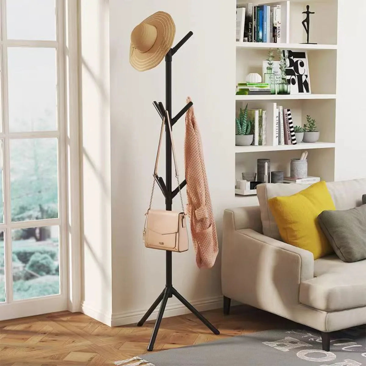 Tree Branch Shape Floor-to-Ceiling Clothes and Hat Rack with Hooks for Bedroom Storage
