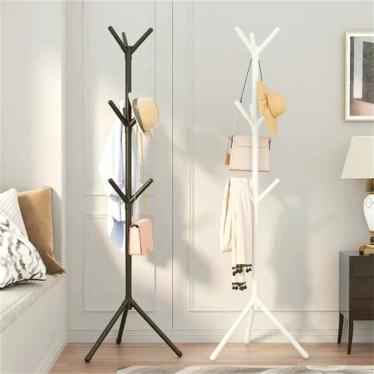 Tree Branch Shape Floor-to-Ceiling Clothes and Hat Rack with Hooks for Bedroom Storage