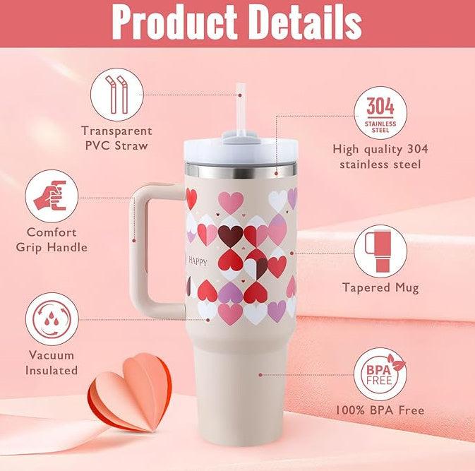 40 Oz Tumbler With Handle Straw Insulated, Stainless Steel Spill Proof Vacuum Coffee Cup Tumbler With Lid Tapered Mug Gifts For Valentine Lover Suitable For Car Gym Office Travel - Crafted Home