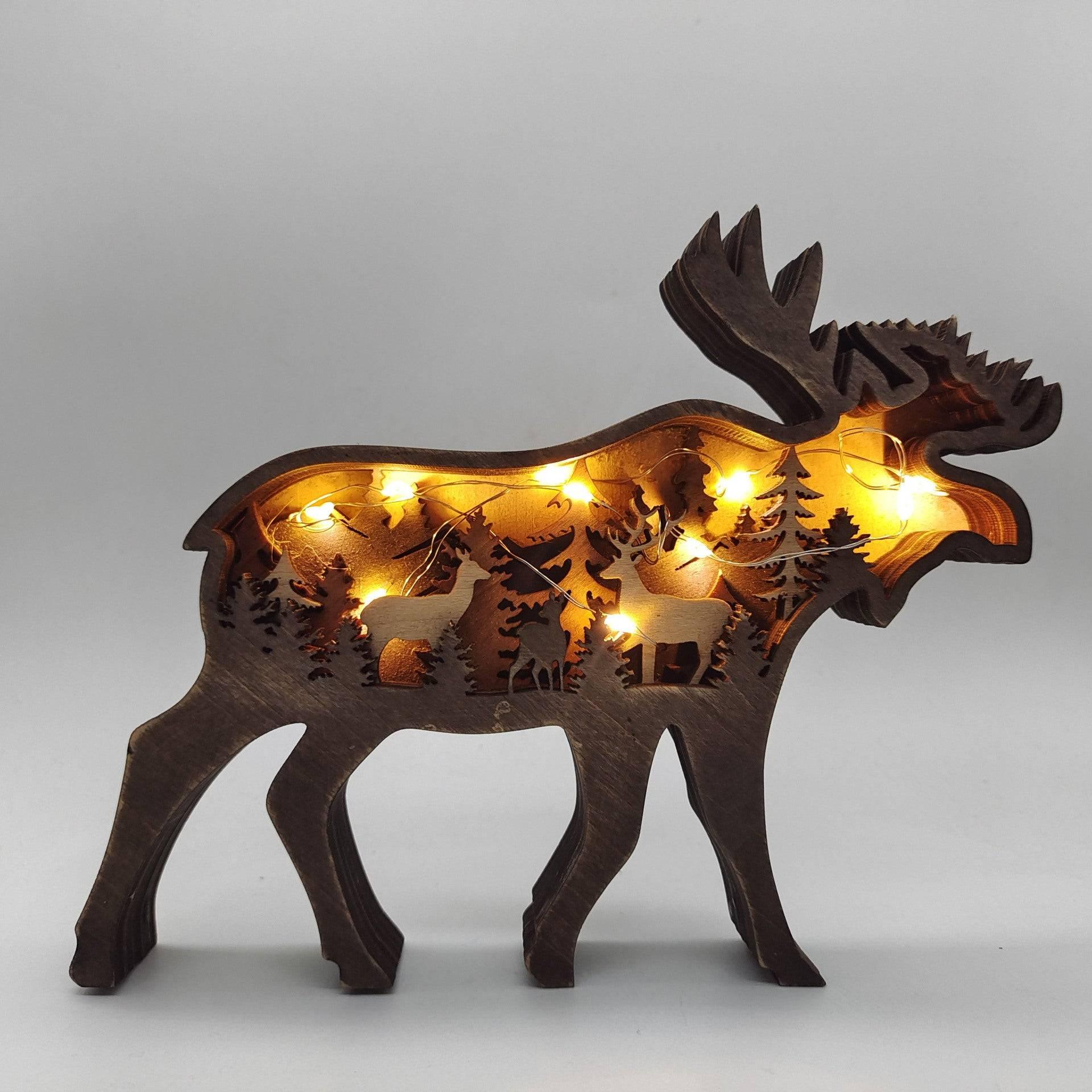 Christmas Decoration Wooden Animal Carving Handcraft Gift Wall Hanging Sculpture 3D Bear Deer Elk Art Decor New Year Ornaments - Crafted Home