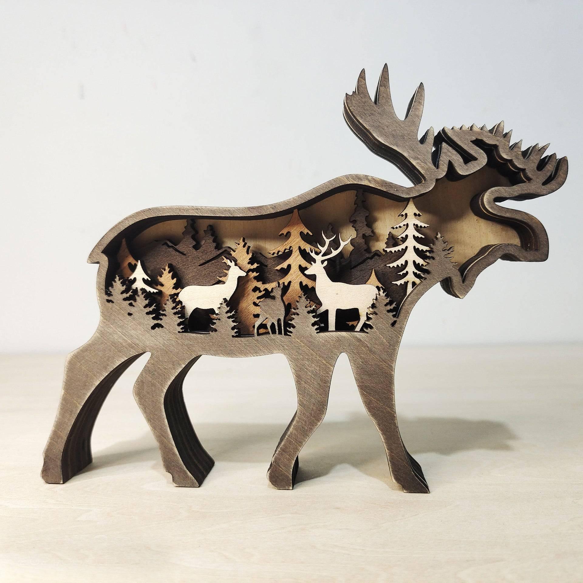 Christmas Decoration Wooden Animal Carving Handcraft Gift Wall Hanging Sculpture 3D Bear Deer Elk Art Decor New Year Ornaments - Crafted Home