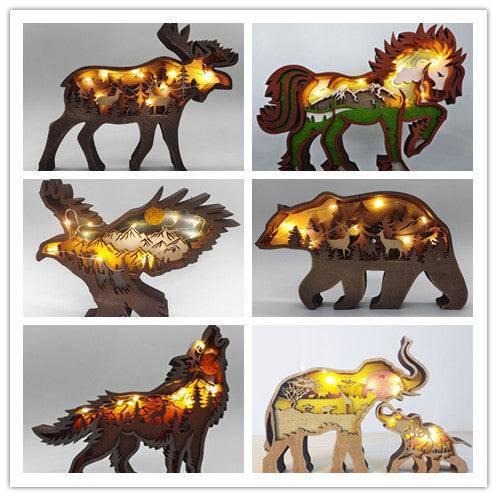 Christmas Decoration Wooden Animal Carving Handcraft Gift Wall Hanging Sculpture 3D Bear Deer Elk Art Decor New Year Ornaments - Crafted Home